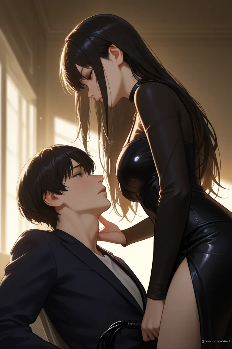 Rio Tsukatsuki wearing black silk(BlueArchive）Femdom facesitting sitting expressionlessly on a man's face holding a whip