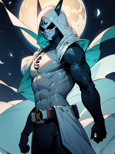 Moon knight suit with Kamen Rider belt with a moon symbol, Moon background