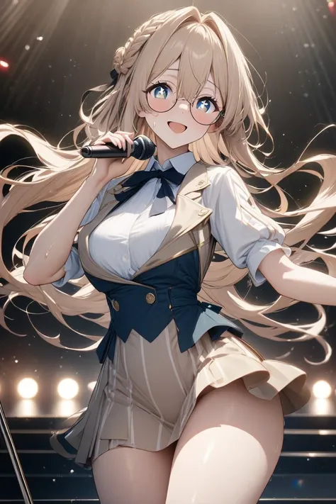 
,  Microphone Stand 、 songs、Idol singer、8k, High end anime style, Violet Evergarden style, beautiful girl, sweat dress, slim and beautiful thighs, elegant dress with a pale gold base, cute smile, greeting on stage,quality,  super resolution, Shiny sweat, ...