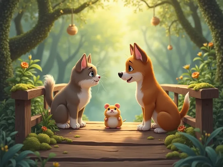 A wooden bridge in the middle of a dense, enchanted forest, surrounded by soft sunlight filtering through the trees. A cute cat and a cute dog stand at opposite ends of the bridge, staring at each other in a playful standoff. In the middle of the bridge, a...