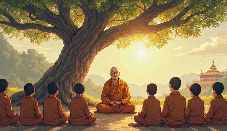 A wise Buddhist monk with a bald head and a serene expression sits cross-legged under a large ancient tree, facing forward. He wears traditional saffron robes, his posture calm and dignified as he teaches his disciples. More than ten disciples, also dresse...