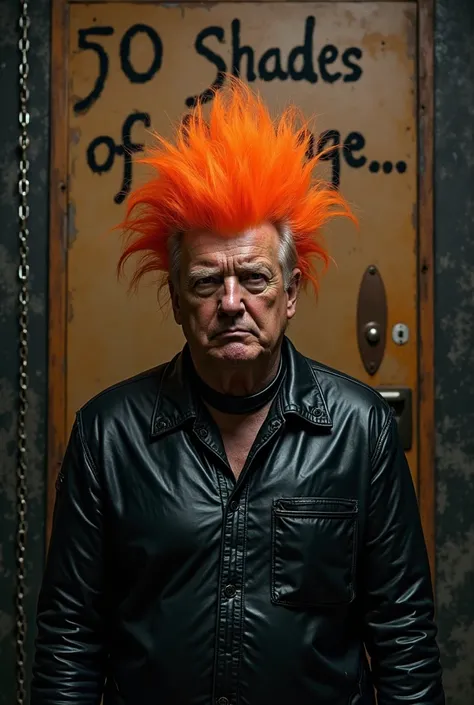 hyperrealistic photograph of Donald Trump with orange tuft wearing black latex jumpsuit in a room with chains and the inscription "50 SHADOWS OF ORANGE" 