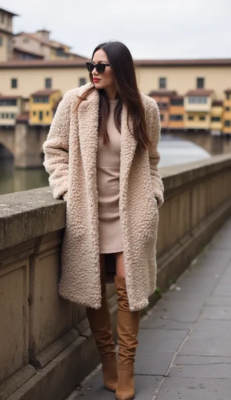 Textured Neutrals in Florence’s Ponte Vecchio

Location: Ponte Vecchio, Florence
Outfit Theme: Soft textures and layers
Composition:

A cozy beige teddy coat layered over a ribbed knit dress.

High boots in a neutral suede tone.

Leaning against the Ponte ...