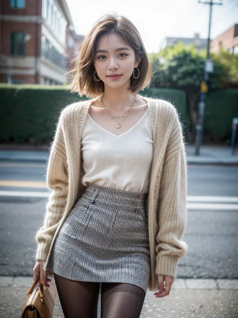 top quality, ultra high resolution, realisitic, Beautuful Woman, Beautiful detail eyes and skin, smile, Light brown short-cut hair, She is Wearing (small earrings, tiny necklace, High Waist Plaid Skirt Bodycon Pencil Wool Mini Skirts, Pantyhose), posing fo...