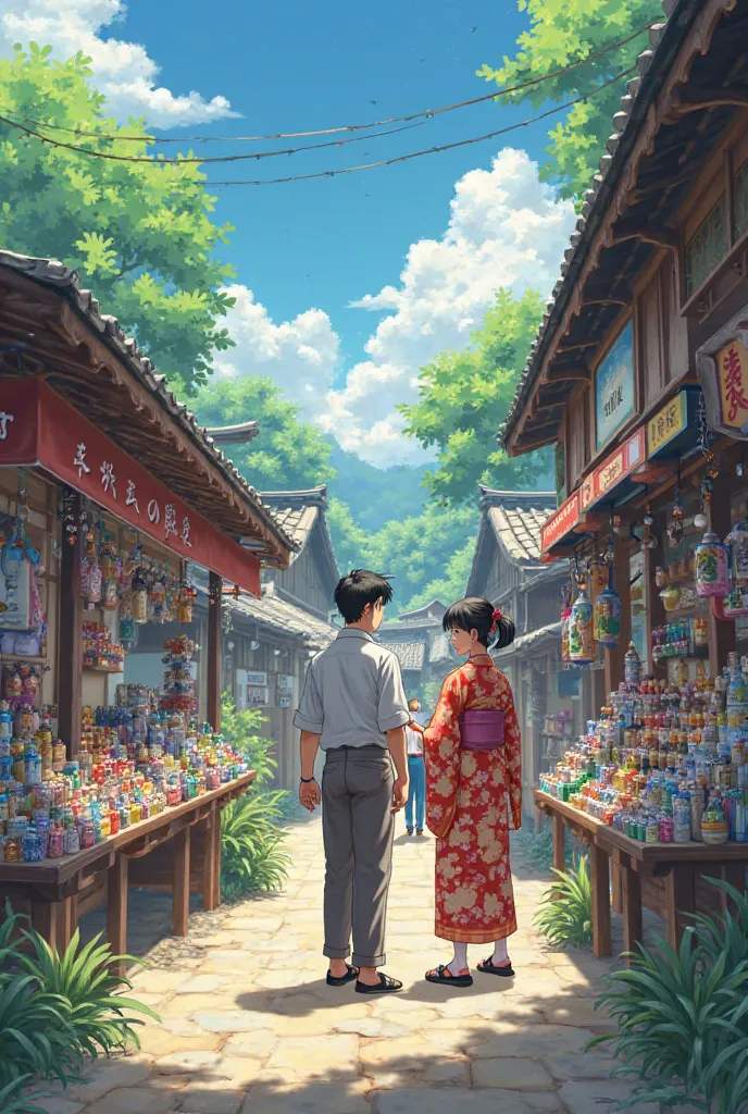 
A man travels to a village and meets a woman helping a merchant in an anime market.