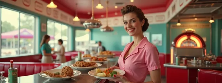 a woman in a pink dress from the 50s serving food in a classic burger bar with a jukebox