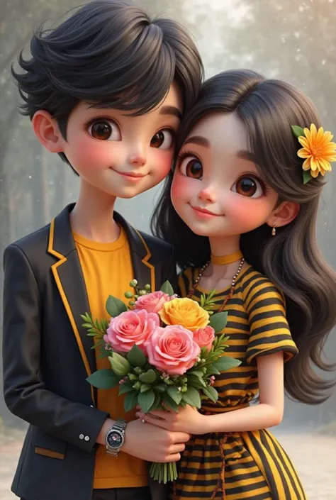 The image appears to be an AI-generated or highly edited digital artwork of two ren, a boy and a girl, posing together in a warm embrace. The boy has styled dark hair and is dressed in a black blazer with yellow accents, a yellow inner shirt, and a wristwa...