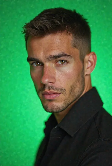 chroma green background, a photo of a male model, short hair, clean-shaven,  Close-up photo 