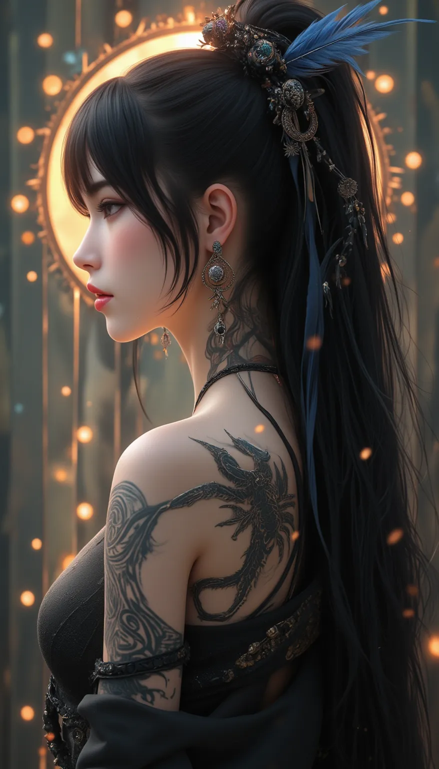 A stunning masterpiece，showing an independent woman wearing earrings in 8K resolution，Black Hair，Foreign humpback，with feathers and scorpion。She has a detailed tattoo on her back，with a shamanic halo，creates a mesmerizing visual。