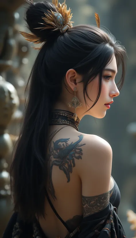 A stunning masterpiece，showing an independent woman wearing earrings in 8K resolution，Black Hair，Foreign humpback，with feathers and scorpion。She has a detailed tattoo on her back，with a shamanic halo，creates a mesmerizing visual。