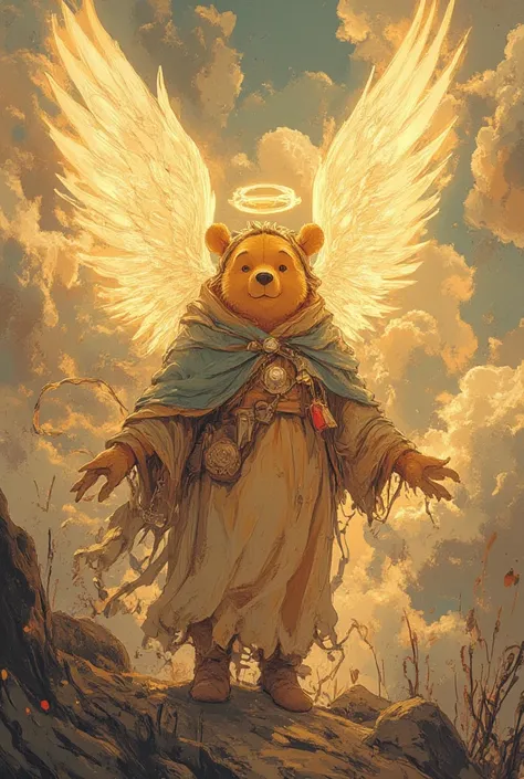  angelic winnie the pooh ,masterpiece, Best quality, Super Detail,4K,standing in a bright sea of clouds, bright light in the background ,  extremely detailed 8k photo with very realistic presentation, dramatic lighting, kinematic composition, epic fantasy ...