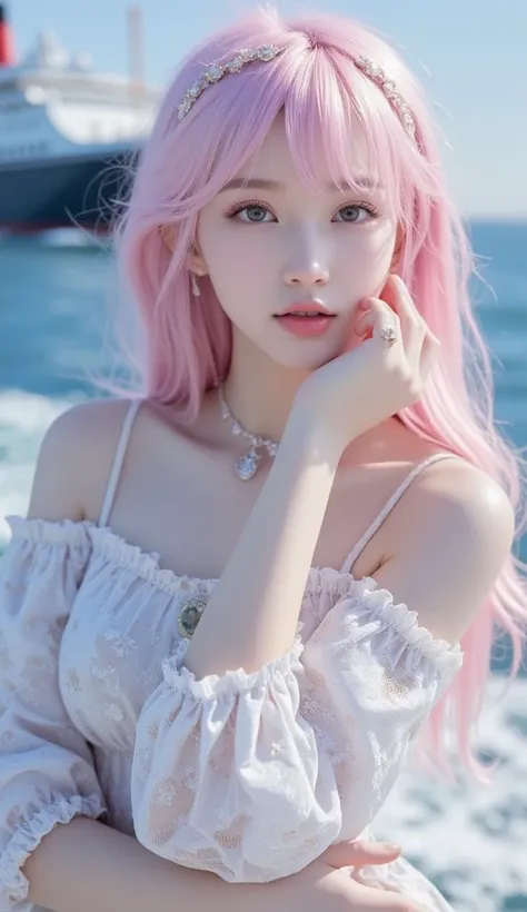 Russian teen girl with lovely boobs,  Very Pale Skin , Pear shape, realistic on the hand, pink hair ,  pink eyes,(cute dress with a colorful pattern), A passenger ship on the sea, Titanic actress, beautiful smile  