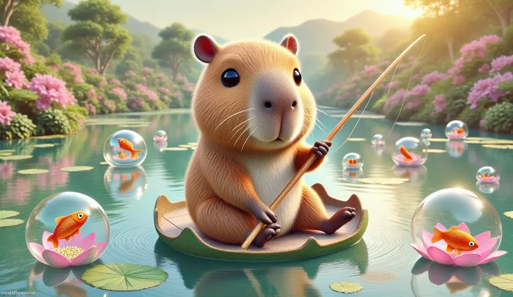 A capybara sitting in a tiny boat shaped like a lotus flower, rowing across a magical lake with rainbow ripples, holding a fishing rod, surrounded by floating bubbles and sparkling fish, whimsical and adorable, bright yet soft lighting, surreal watercolor ...