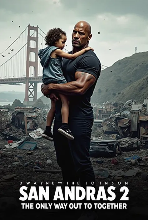 The movie title: "SAN ANDREAS 2" is bold and prominent at the bottom of the poster. Below is a smaller line of text that reads "THE ONLY WAY OUT TO TOGETHER". Image: Dwayne "The Rock" Johnson holding a  in his arms. Setting: A city devastated by an earthqu...