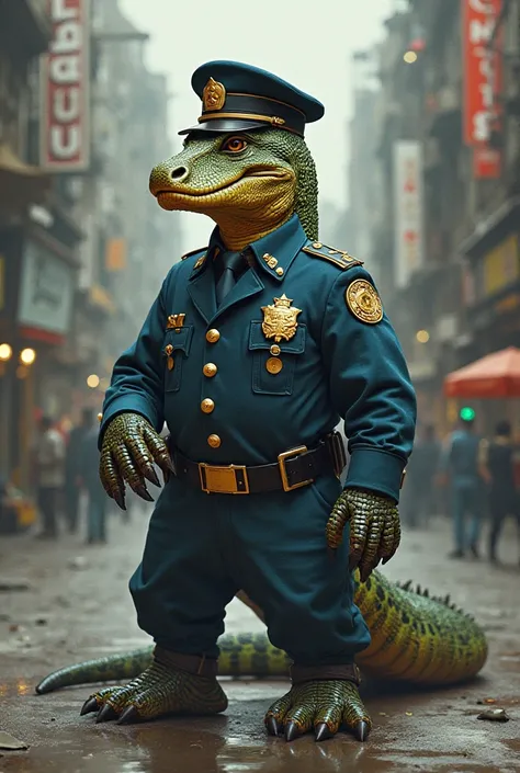 A Komodo dragon in police uniform 