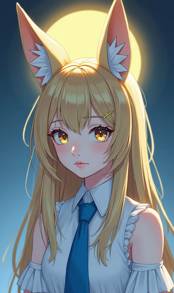 One Girl, ( is a blue archive :1.1), 
, 
. The animal's ear , Alone,  blonde hair , aura,  The long , looking at the viewer,  fox ears ,  animal ear hair ,  dress , Tie, white  dress , forehead, closed mouth, Hair ornament, yellow aura, upper body, hair Za...