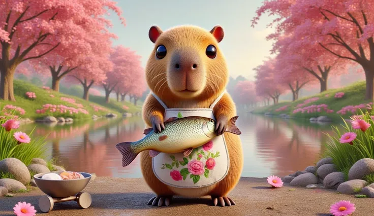 A capybara proudly holding a big shiny fish by the lake, wearing a cute apron, surrounded by dancing fireflies and whimsical trees with candy-like leaves, glowing pastel twilight sky, surreal and heartwarming scene, vibrant yet gentle tones.