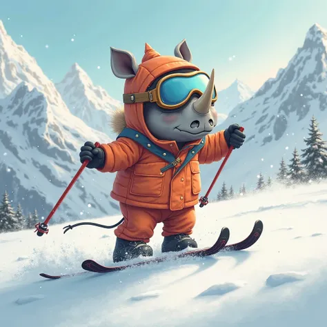 cute little rhino dressed avec tenue de ski et fait du ski


