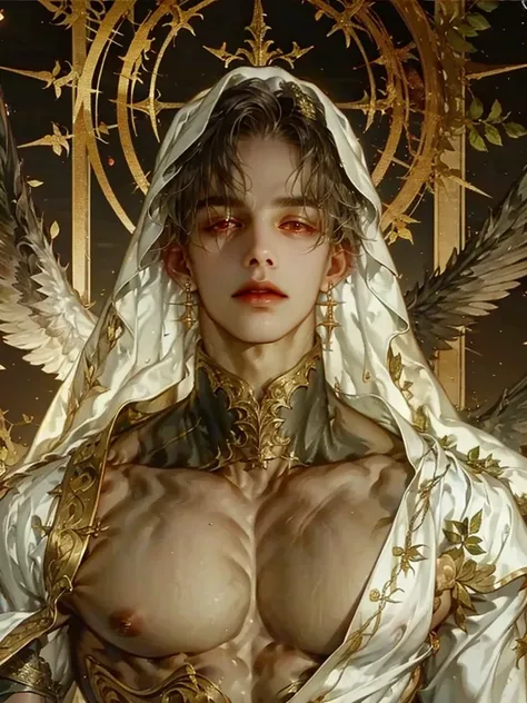 (masterpiece, best quality:1.2), 1men, solo, arrogant look, cold look, god, white veil, wings on head, galaxy details, galaxy background, divine, superior, halo, muscular chest, reveal muscular chest, short hair, slide part hair, earrings, red eyes, parted...