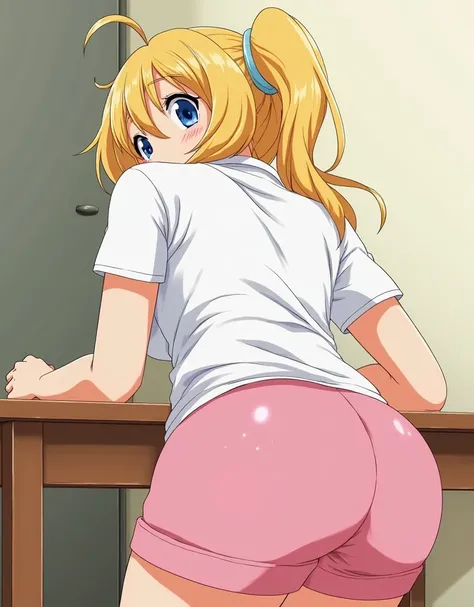 mature woman, Hot Milf,  young, by blond, blue eyes,  pink short skirt,  white shirt, big ass, forward slant  , crouching,  backwards,  shows off your butt ,   leaning on a table , squat. Anime version.