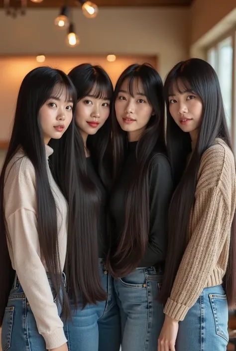 **“A hyper-realistic, ultra-detailed full-body photograph of four elegant East Asian women with exceptionally long, thick, and voluminous hair. Their hair flows beautifully, reflecting soft ambient light, and each has a unique length, randomly varying but ...