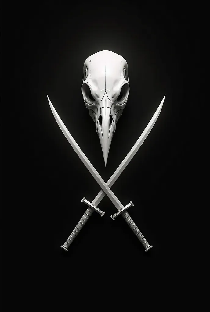 A white CROW skull with white crossed swords in a black background