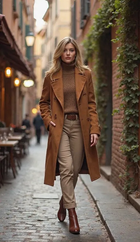 
22. Earthy Tones in Rome’s Trastevere

Location: Trastevere, Rome
Outfit Theme: Warm, earthy winter layers
Composition:

A caramel-colored wool wrap coat, layered over a fitted brown ribbed sweater.

Beige straight-leg trousers and sleek brown leather ank...