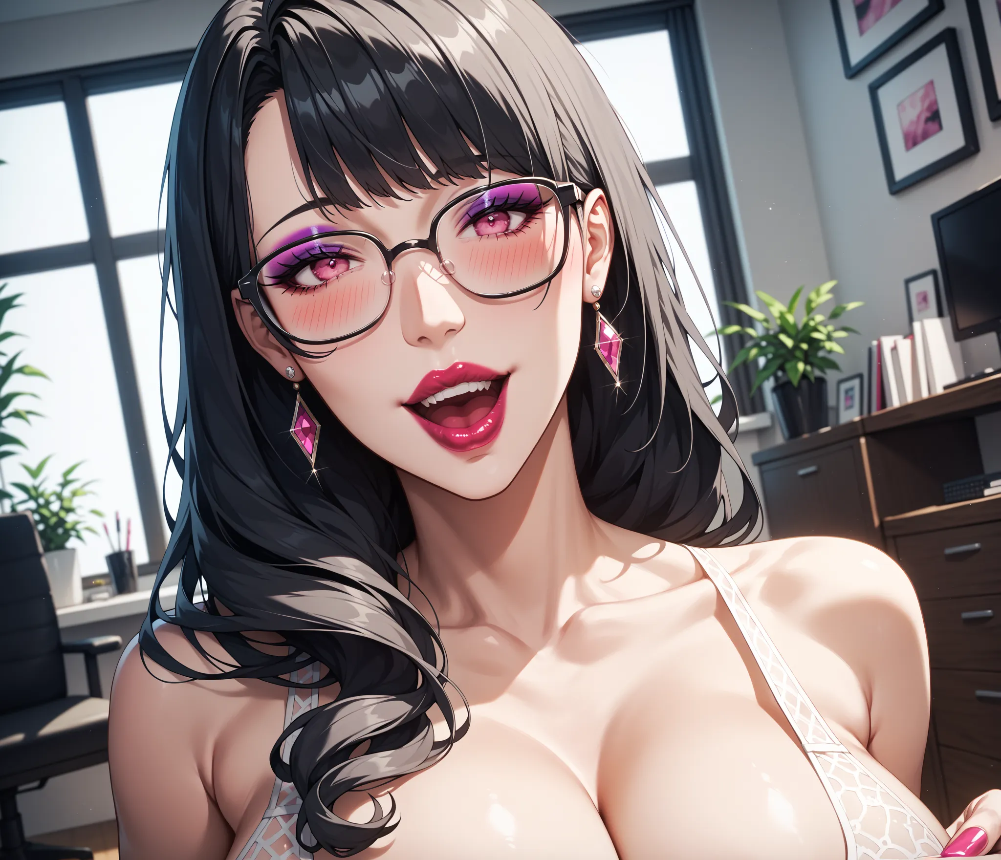 Little Demon，Big lips,  pink eyes， with glasses，promote, (Larger breasts),  sexy, (Eyeshadow:1.2),Lipstick,  Mature Woman,  Girls Room, decorate,  bangs,  , Rift, huge的 , huge , Attractive posture,  dynamic angle,  happy , blush, masterpiece, best quality,...