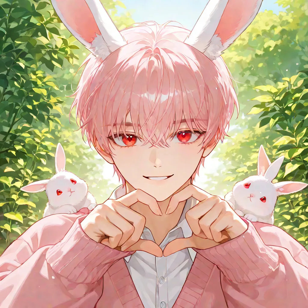 4k , 8k , (only 1 male as a animal man short comma white pink hair with red eyes) , short hair style , (real bunny ears and tail) , novel , manhwa , handsome man , very details , hair details , very anime eyes detais  , ตรงตามกายวิภาคมนุษย์ ,ร่างกายสมส่วน ...