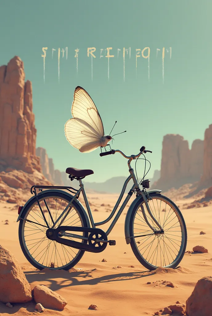 A beautiful white butterfly sitting on a bike in the desert. A song poster. A title word " Attraction" written on the poster.