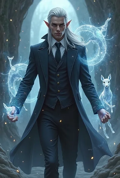 Dark elf male illusionist with long hair.  in a suit. with a magic wand. Illusory animals are flying around. Uses a spell. 