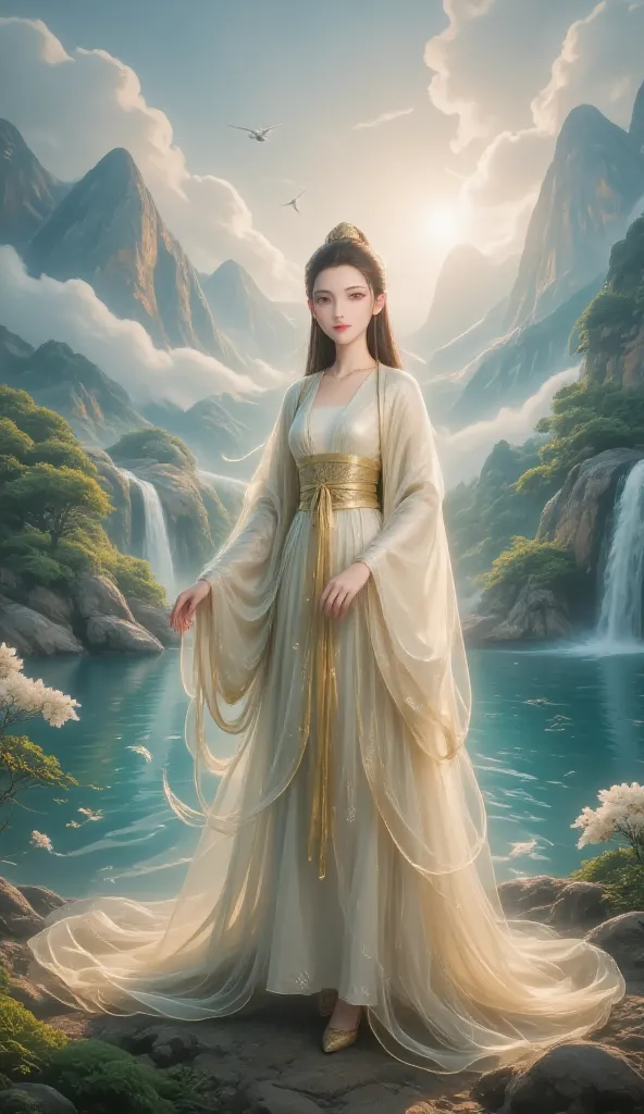 It adds divine brilliance to her figure {x} Her long hair falls down like a waterfall {x} She represents ancient Chinese culture's understanding of nature {x} This Chinese goddess stands majestically between beautiful scenery and rivers。in a gorgeous fairy...