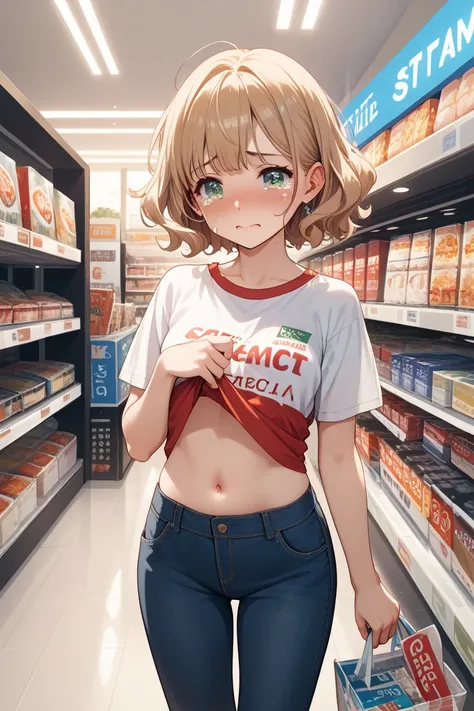 anime girl short hair boobs　Blushing with belly button out　 teary eyes in the store