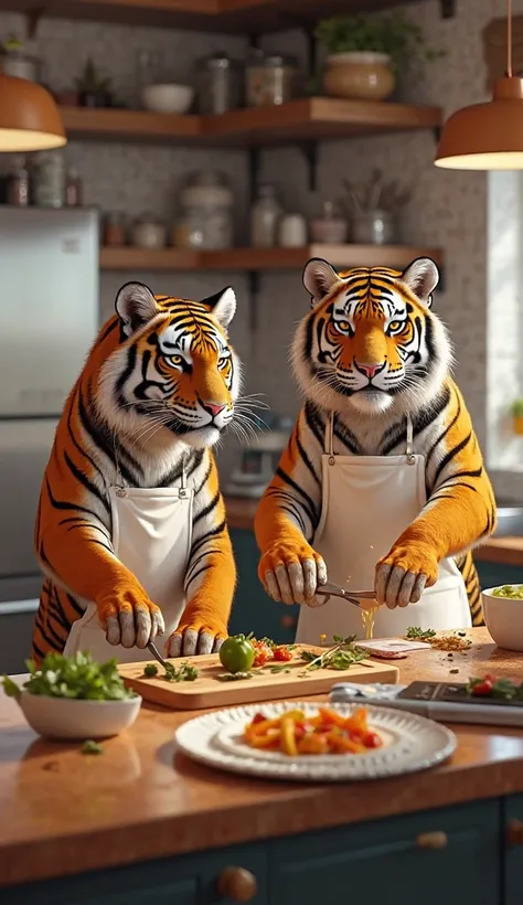 A picture of two tigers cooking food in the kitchen and wearing an apron