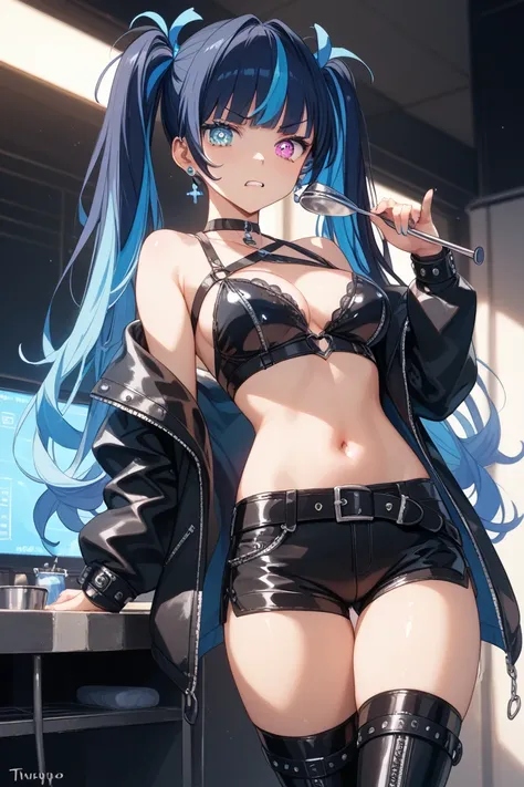  dark blue hair。twintails。Girls around 18 years old。bright blue fluorescent eyes。 Gas mask。the inside is made of shiny black leather。 belly button sticking out 。  wear jacket I have  。 My shoulders are coming out of the ladle。I'm wearing tight shorts made ...