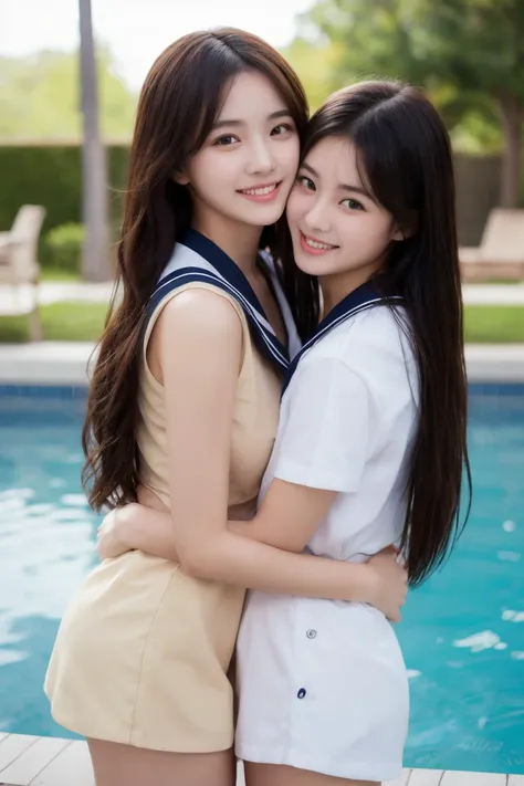  2 girls hugging each other  、Best depth of field  ,      sailor suit、big breasted、   high school girl、    big breasts,       sports、smile、     barefoot、     long hair、length,    sharp eyes、Charis Senix   、  pool、miniskirt