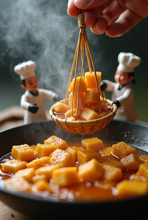 Fried beans: Tiny cooks control a giant oil pan**  
A detailed macro photo: Tiny chefs dressed as chefs use mini cranes to lift loose golden tofu out of giant hot oil pan,folded into a tiny bamboo basket. Oil smoke gives off a sooty aroma