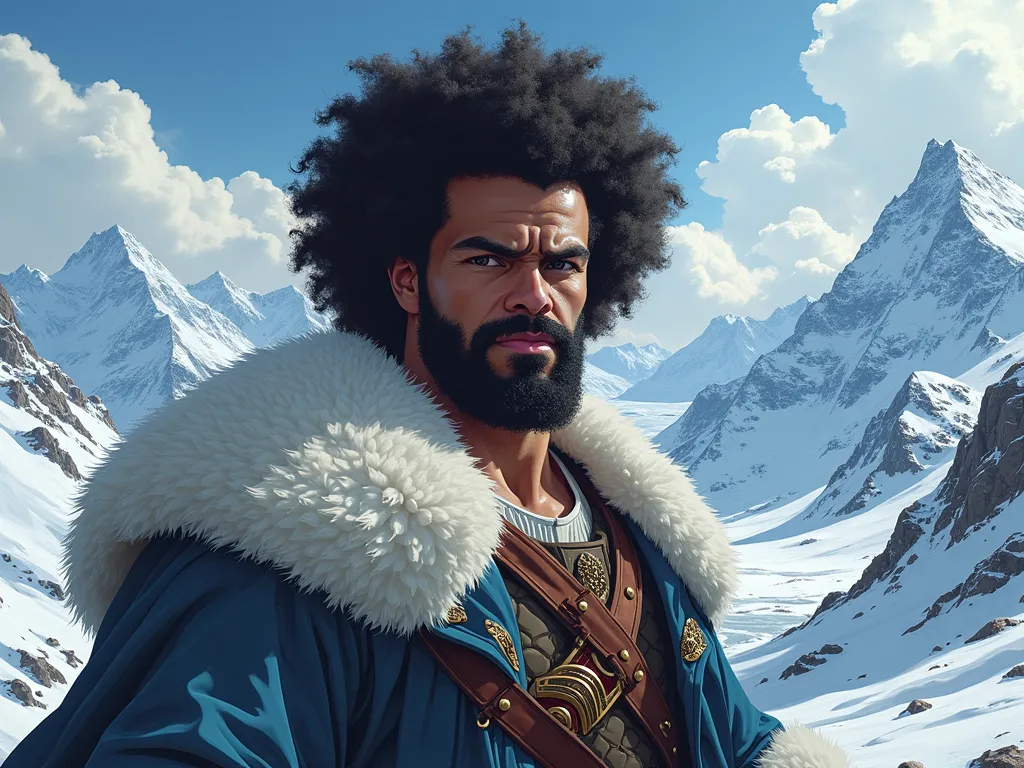 General man's face strong afro curly hair on an icy mountain realistic medieval anime style 