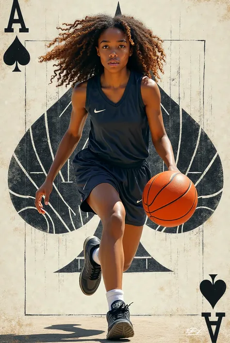 Personnage fictif brune cheveux bouclé avec ballon de basket dans un décors as de pique 