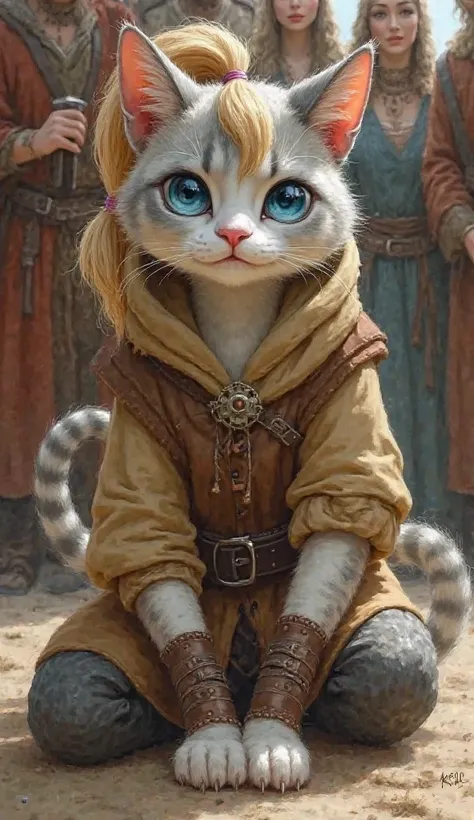 The painting depicts an anthropomorphic cat-like figure. She has bright blue eyes, blonde hair tied in a ponytail, and gray and white fur with stripes on her tail. She is dressed in a brown and beige outfit that looks medieval or fantasy. The outfit consis...