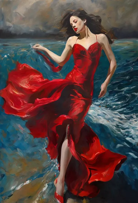 full figure movement, slow speed oil painting (a tango beauty), beautiful face, crazy tango pose, long hair that expands in the sea currents, struggling to get out of her red lingerie with only a piece of cloth that moves in the depths of the sea currents ...