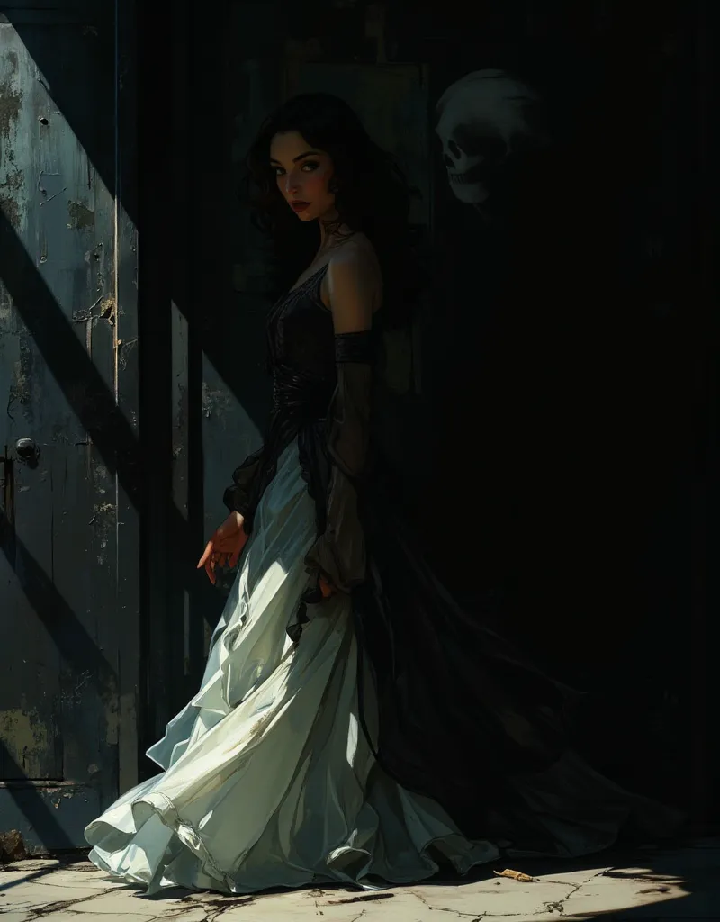 A beautiful woman looking at a black wall as she walks by it. on the black wall is his shadow expert the shadow is white witch.