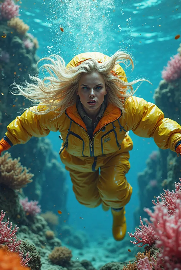 Beautiful blonde woman swims underseas around coral rocks, gasping for air, wearing heavy puffy shiny neon padded onepiece down suit with very puffy hood and puffy padded mittens, shiny rubberboots