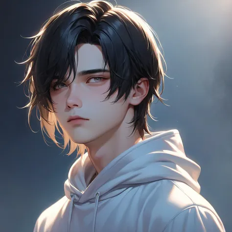 A boy with gray eyes, black hair, shoulder-length hair, white hoodie background, cool