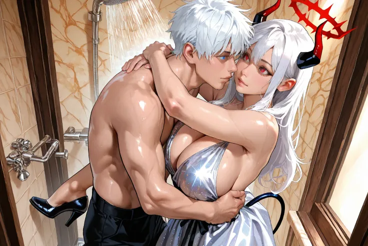 satoru gojo, white hair, blue eyes, Art style, glitter, shine, radiance, 1 girl, 1 male, demon girl, demon horns black, demon tail, Red Halo, Super HD halo, white hair, In the bathroom, Shower cabin, Big breasts, Beautiful body, hell background, soft lips,...