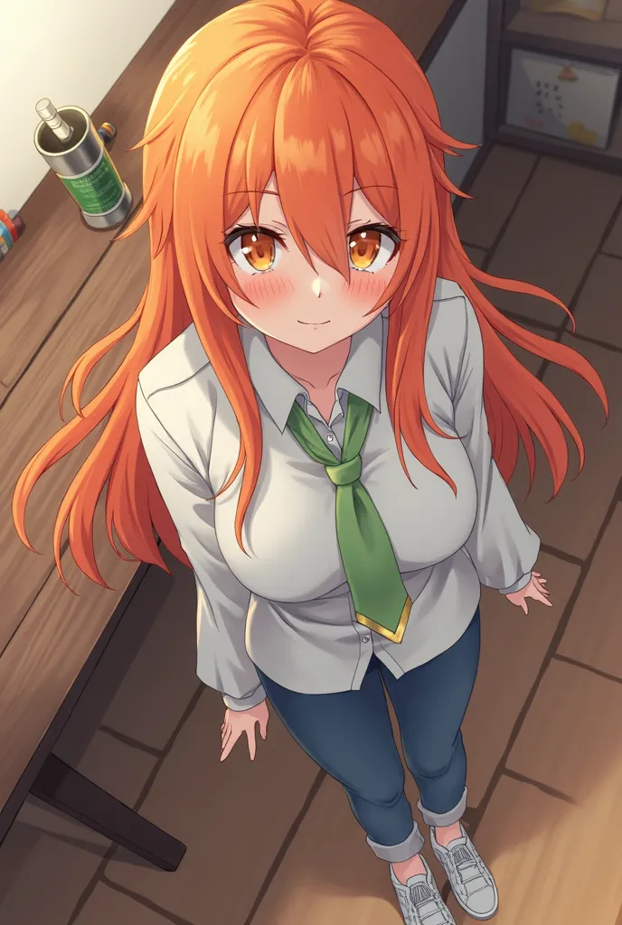 Orange hair like a sunset, Orange eyes mixed with a slight red color, white gown, white shirt, green tie, knee-length jeans, Lightweight sneakers, Wooden desk , Potion bottle on the desk, 2D anime style, Neat Fingers 