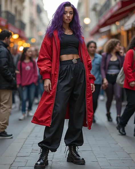 CREATE 4K PHOTOREALISTIC street dancer LOOK  STUNNING BEAUTIFUL WOMAN, HER HAIR LONG WAVY DEEP PURPLE. WEARING XL size BLACK AND RED. Andcool shoes natural realism  in background people are dancing 