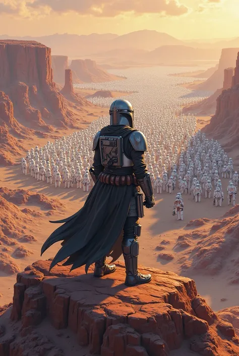 (animated style) star wars mandalorian standing on a hill with a large army of storptopers in the background