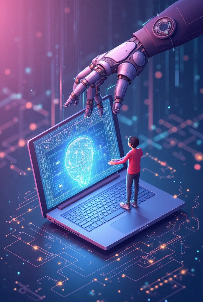 "A futuristic AI-themed illustration featuring a human and a robotic hand working together, symbolizing collaboration between humans and artificial intelligence. The scene includes a person interacting with an AI-powered device, such as a holographic inter...