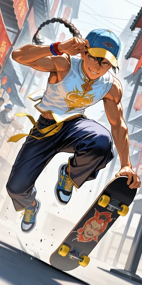 1boy\((Yun\(Street Fighter 4\)), (young), jumping high on skateboard, hand at cap brim, eyes hidden by on deep pulled down cap,(blue cap with (yellow brim:1.2)), long braid hair,black loose (Wudang Tai Chi pants),white sleeveless (Wudang Tai Chi Shirt), ...